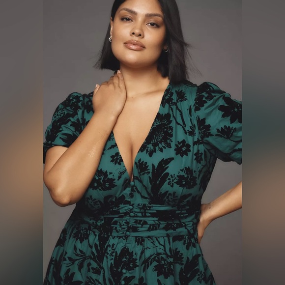 ANTHROPOLOGIE Katerina Button Front Green With Velvet Floral Dress size 1X - Picture 4 of 7